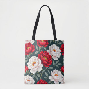 Red and white peony flowers tote bag