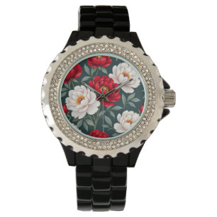 Red and white peony flowers  watch