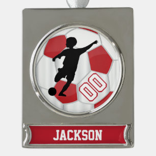 Red and White Personalise Boy Soccer Player Silver Plated Banner Ornament