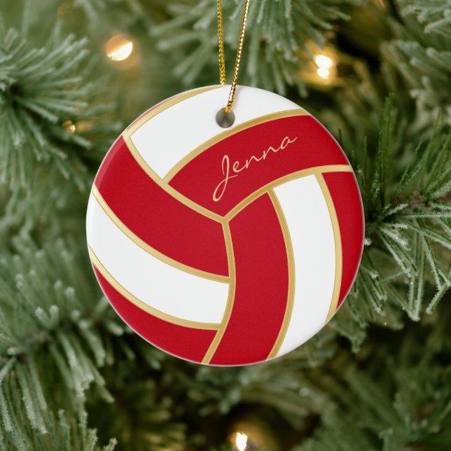 Red and White Personalise Volleyball Ceramic Ornament (Tree)