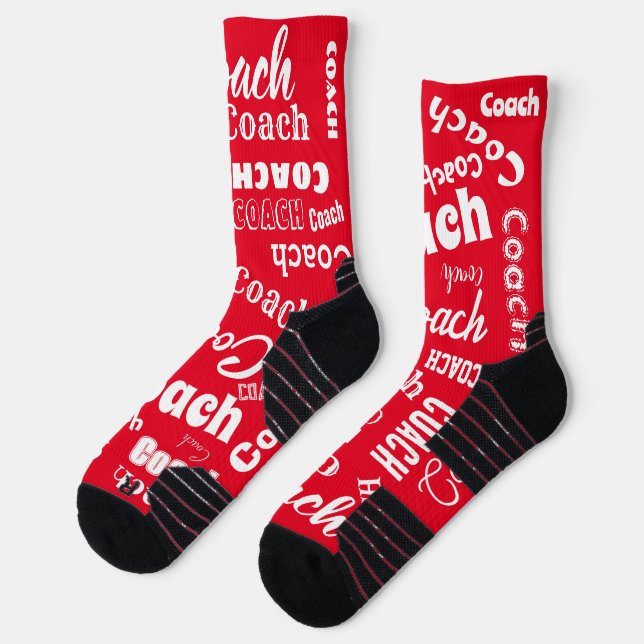 Red and White Personalised Coach Gift Name Art Socks (Left)