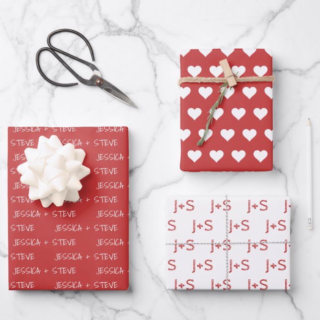 Red and White Personalised Name and Initials Wrapping Paper Sheet (Front)