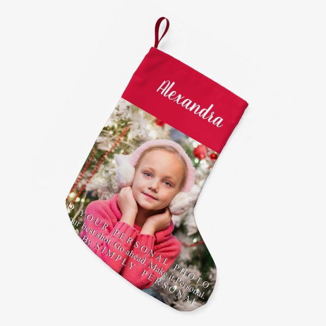 Red and White Personalised Photo Small Christmas Stocking (Front (Hanging))