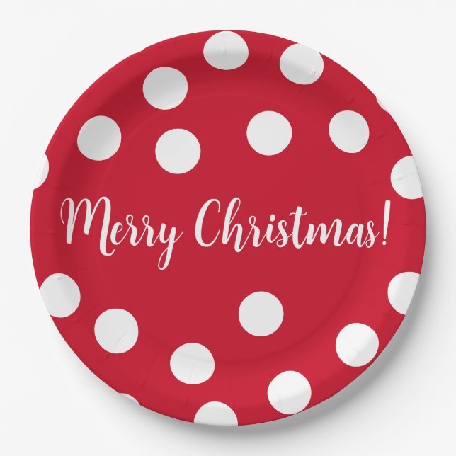 Red and white personalised Polka Dots Christmas Paper Plate (Front)