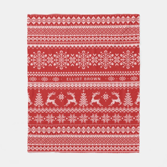 Red And White Personalized Name Christmas Sweater Fleece Blanket (Front)