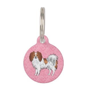 Red And White Phalène Cartoon Dog On Pink Hearts Pet Tag