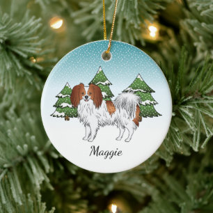 Red And White Phalène Cute Dog Winter Forest Ceramic Ornament