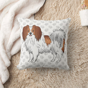 Red And White Phalène Dog On Grey Paw Prints Cushion
