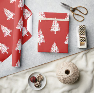 Red and White Pine Trees Christmas Wrapping Paper