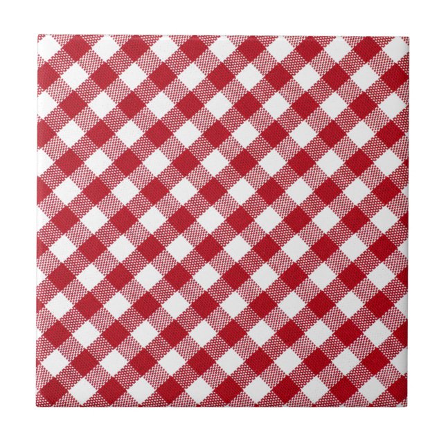 Red and White Plaid Checked Fabric Ceramic Tile (Front)