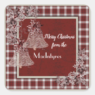 Red and White Plaid Frame and Christmas Bells Square Sticker