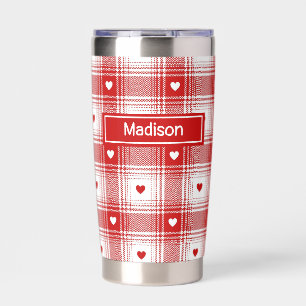 Red and White Plaid Hearts Pattern With Name Insulated Tumbler
