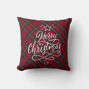 Red and white plaid Merry Christmas  Cushion