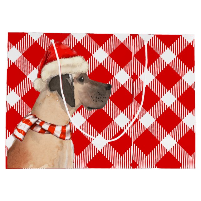 Red and White Plaid with Great Dane Dog Christmas Large Gift Bag (Back)