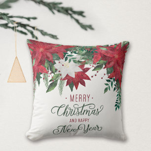 Red and White Poinsettia Bouquet Holiday Cushion
