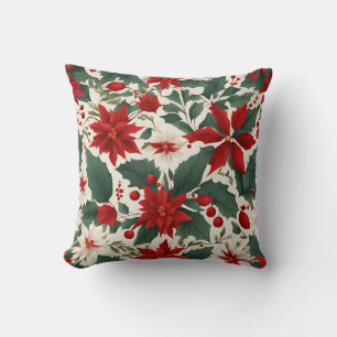 Red and White Poinsettia Flowers and Holly Berries Cushion