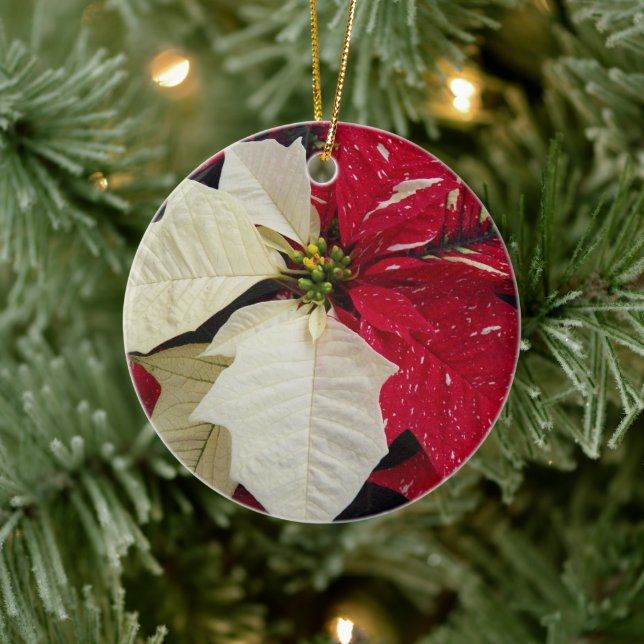 Red and White Poinsettia Holiday Ceramic Ornament (Tree)