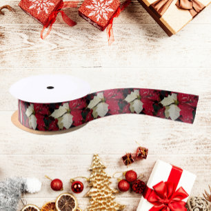 Red and White Poinsettia Pattern Holiday Satin Ribbon