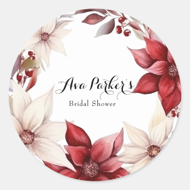 Red and White Poinsettia Wreath Bridal Shower Classic Round Sticker (Front)
