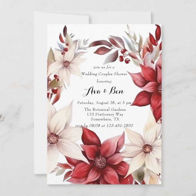Red and White Poinsettia Wreath Couples Shower Invitation (Front)
