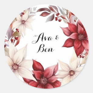 Red and White Poinsettia Wreath Watercolor Wedding Classic Round Sticker