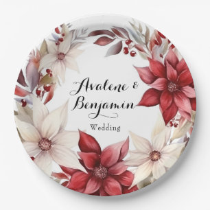 Red and White Poinsettia Wreath Watercolor Wedding Paper Plate