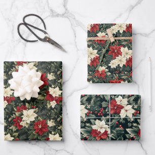 Red and White Poinsettias with Holly and Pine Wrapping Paper Sheet