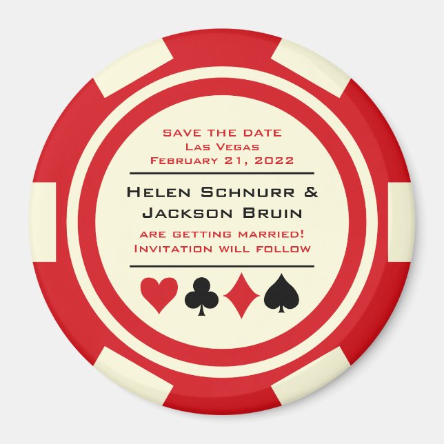 Red and White Poker Chip Casino Save The Date Magnet (Front)