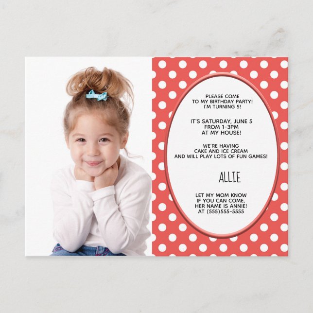 Red and White Polka Dot Birthday Photo Invitation Postcard (Front)