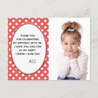 Red and White Polka Dot Birthday Photo Thank You