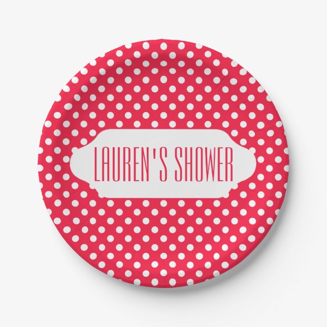 Red and white polka dot custom paper plate (Front)