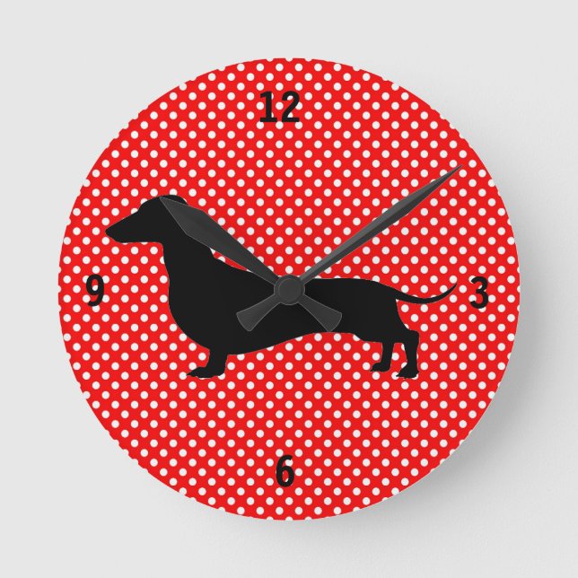 Red and White Polka Dot Dachshund Wall Clock (Front)