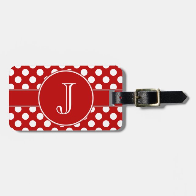 Red and White Polka-Dot Monogrammed Luggage Tag (Front Horizontal)