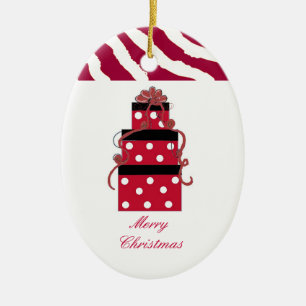 Red and White Polka Dot Packages Ceramic Ornament