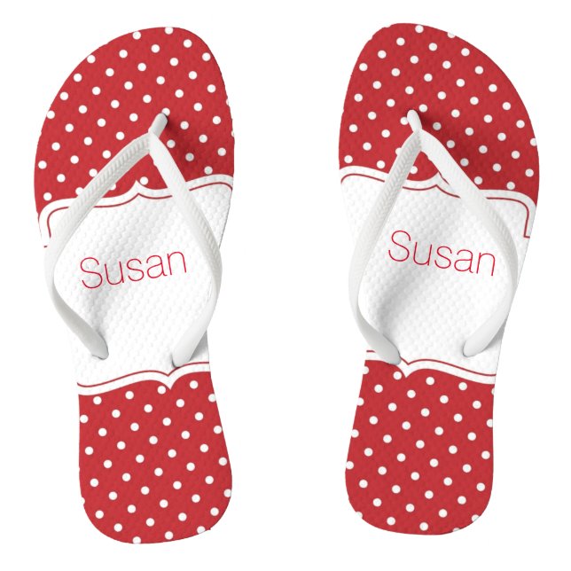 Red and White Polka Dot Personalised Flip Flops (Footbed)