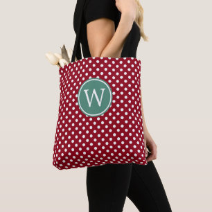 Red and White Polka Dot With Deep Teal Monogram Tote Bag