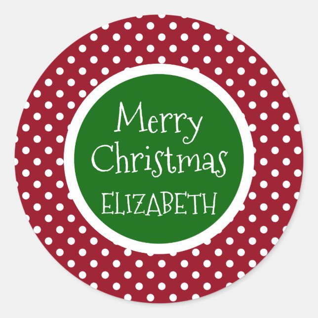 Red and White Polka Dot With Green Personalised Classic Round Sticker (Front)