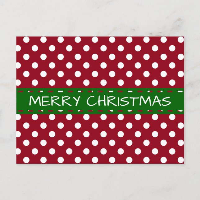 Red and White Polka Dot With Green Ribbon Holiday Postcard (Front)