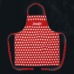 Red and White Polka Dot Womens Personalised Baking Apron<br><div class="desc">Protect your clothes from food and stains with this Red and White Polka Dot Womens Personalised Baking Apron. It is a modern design with customisable red background and white polka dots on all over print apron. Name is in white calligraphy script lettering across the chest area. CLICK PERSONALIZE OPTION AND...</div>