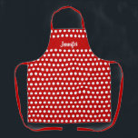 Red and White Polka Dot Womens Personalised Baking Apron<br><div class="desc">Protect your clothes from food and stains with this Red and White Polka Dot Womens Personalised Baking Apron. It is a modern design with customisable red background and white polka dots on all over print apron. Name is in white calligraphy script lettering across the chest area. CLICK PERSONALIZE OPTION AND...</div>