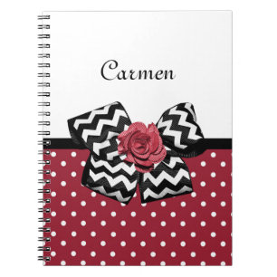Red and White Polka Dots Cute Rose Chevron Bow Notebook