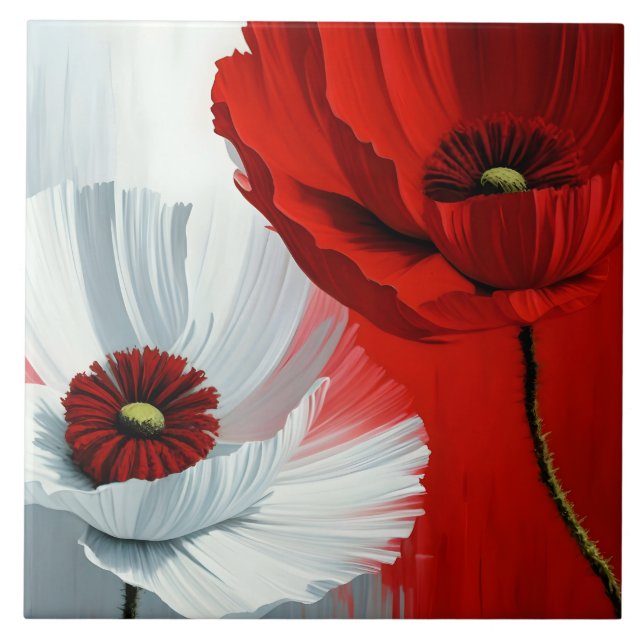Red and White Poppies Ceramic Tile (Front)