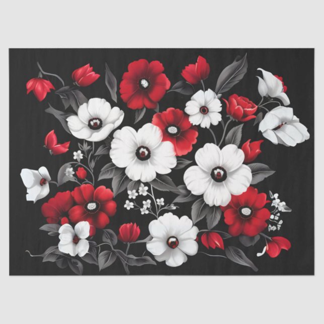 Red and White Poppies on Black decoupage Tissue Paper (Front)