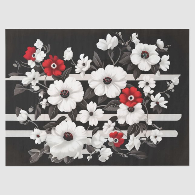 Red and White Poppies on Black decoupage Tissue Paper (Front)