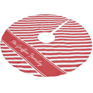 Red and White Preppy Stripes Monogram Brushed Polyester Tree Skirt