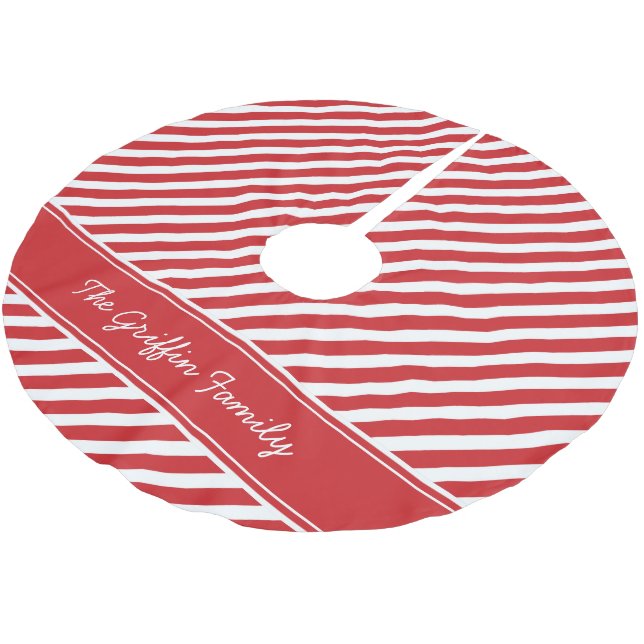 Red and White Preppy Stripes Monogram Brushed Polyester Tree Skirt (Angled)