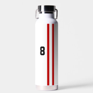 Red and white racing stripe number water bottle