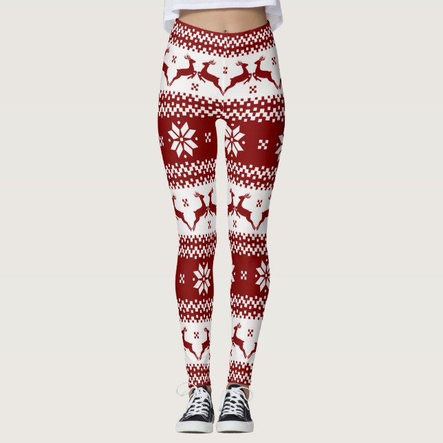 Red and White Reindeer and Snowflakes Christmas  Leggings (Front)