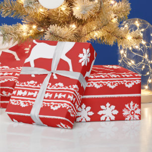 Red and White Reindeer Floral Modern Christmas Wrapping Paper