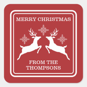 Red And White Reindeers And Snowflakes Christmas Square Sticker